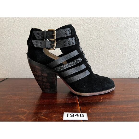 Soho Cobbler Boots Heels Womens 10 Black Leather Suede Strappy Buckled - Picture 1 of 8